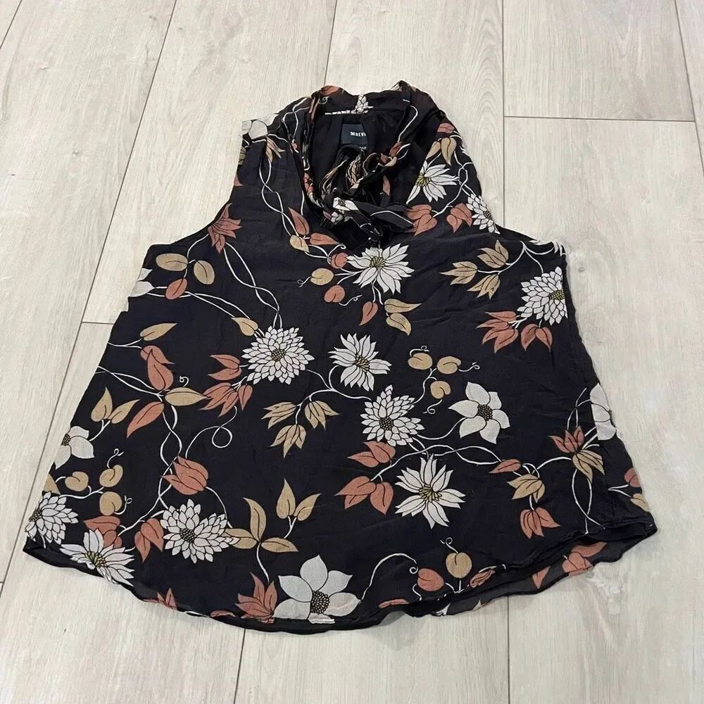 Anthropologie Maeve Petalsilk Tie-Neck Shell Top Size 4 Black Floral Silk